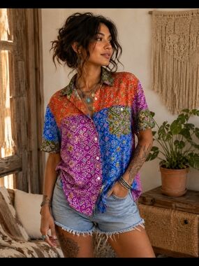 Vintage Passports Of Pier 1 Imports Multicolor Patchwork Button-Down Shirt